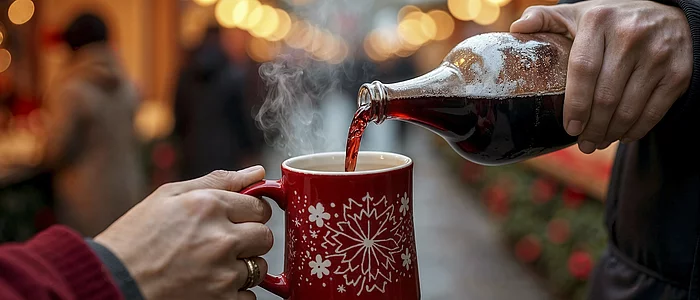 Glühwein wird in Tasse eingeschonken